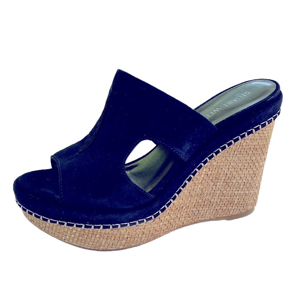 Stuart Weitzman Ponte Cutout Espadrille Platform Wedge Slides Navy Blue 8.5 - Picture 1 of 12
